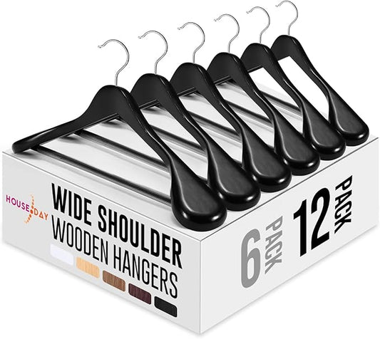 HOUSE DAY Wide Shoulder Wooden Hangers 12 Pack, Wood Suit Hangers for Men with Non Slip Pants Bar, Smooth Finish Solid Wood Coat Hangers for Jacket, Pants, Dress, Heavy Clothes Hangers (Black)
