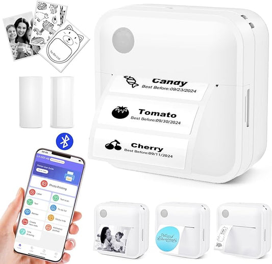 Label Maker Machine with Tape - Thermal Label Printer Bluetooth Label Maker Machine, Mini Printer Sticker Maker for Home, Kitchen, School, Office Organization (White)