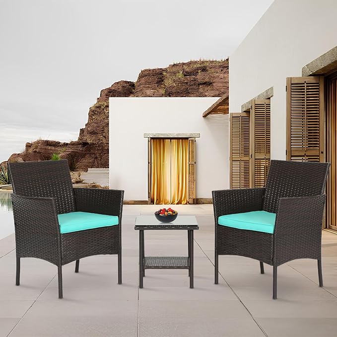 FDW 3 Piece Outdoor Furniture Set Patio Brown Wicker Chairs Furniture Bistro Conversation Set 2 Rattan Chairs with Blue Cushions and Glass Coffee Table for Porch Lawn Garden Balcony Backyard
