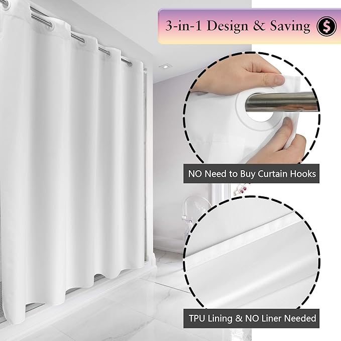 River Dream Fabric Shower Curtain No Hooks Needed - TPU Lining & No Liner Required, Hotel Shower Curtain for Bathroom with Built-in Hooks & Bottom Magnets, Waterproof, White, 71x74