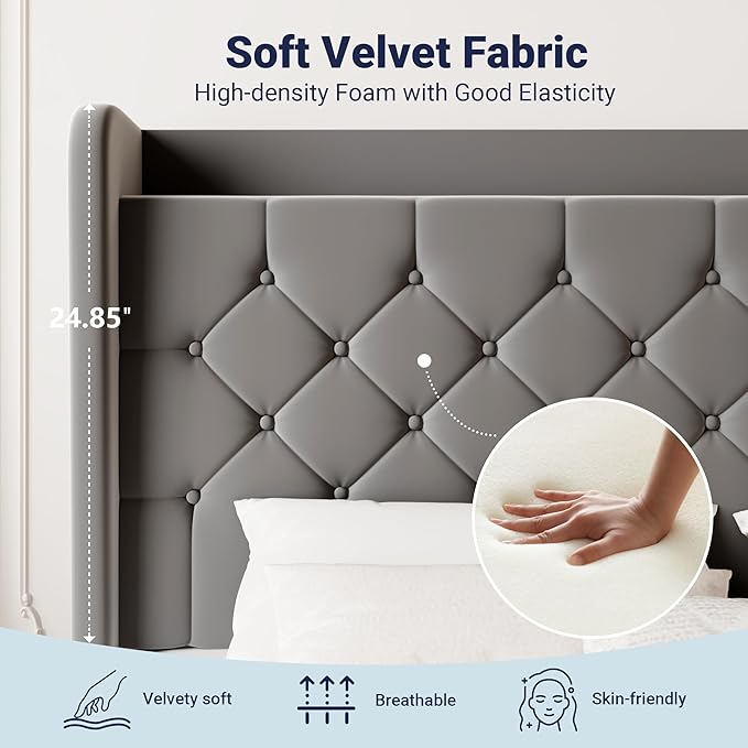 Allewie Full Size Bed Frame, Storage Headboard with Charging Station, Wingback Velvet Upholstered, Diamond Stitched Button Tufted, Sturdy Wooden Slats, No Box Spring Needed, Easy Assembly, Grey