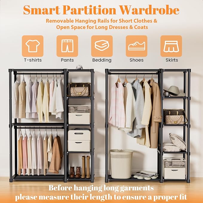 Mavivegue 4-Tier Portable Closet with Shelves & Hanging Rod - Portable Wardrobe Closet for Bedroom, Closet, Dorm - Easy Assembly Clothing Rack with Shelves for Clothes, Shoes, Accessories