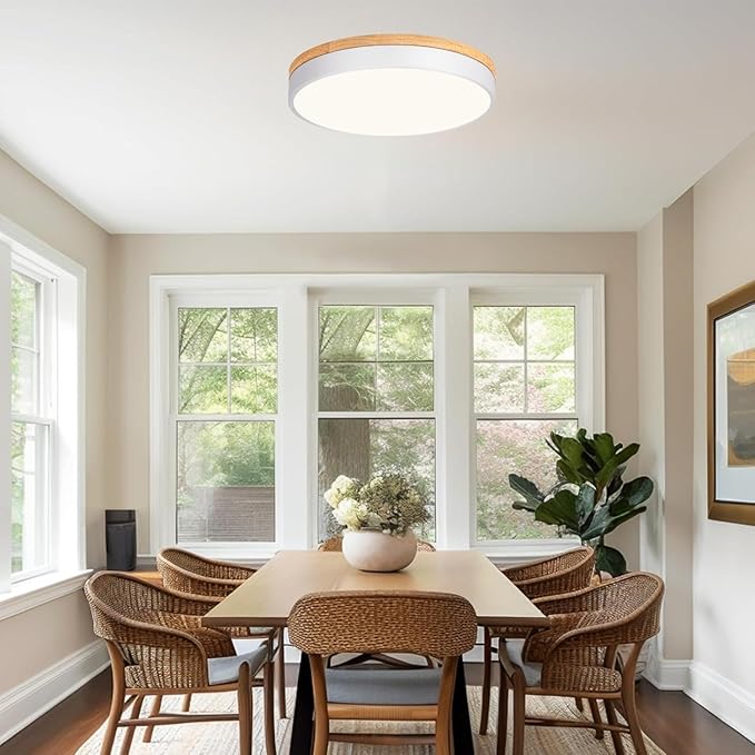 Dimmable Modern Wood Ceiling Light, White LED 5CCT 2700K-6000K Flush Mount Ceiling Lighting Fixture, Round Light Fixtures for Kitchen Living Room Dining Room Bedroom-15.8in
