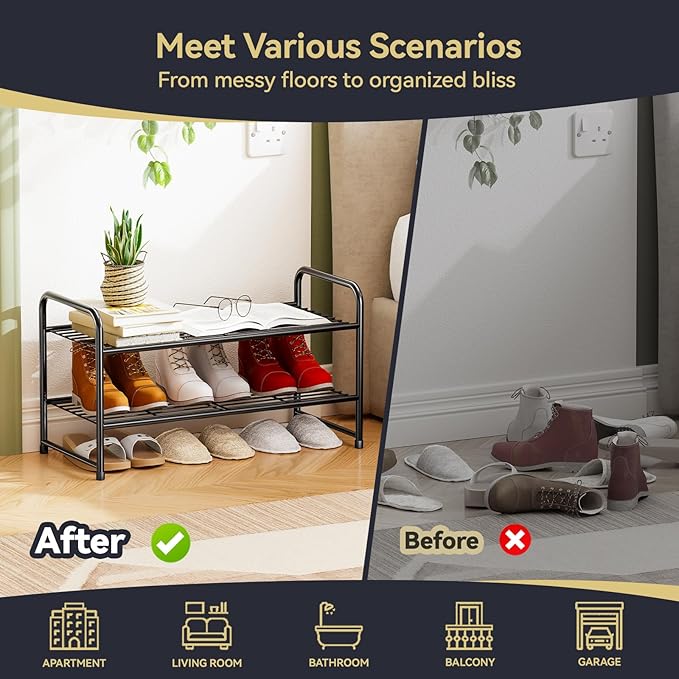 2-Tier 27” Wide Shoe Rack for Closet, Metal Stackable Shoe Shelf Organizer, Black