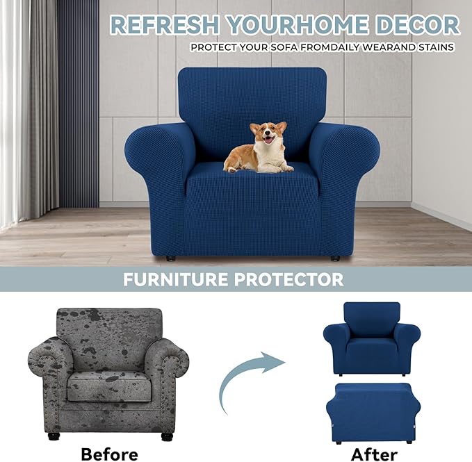 LURKA Stretch Chair Sofa Slipcovers 1 Piece Couch Covers for Sofa Furniture Protector Full Sofa Covers with Elastic Bottom for Kids and Dog (Small,Royal Blue)