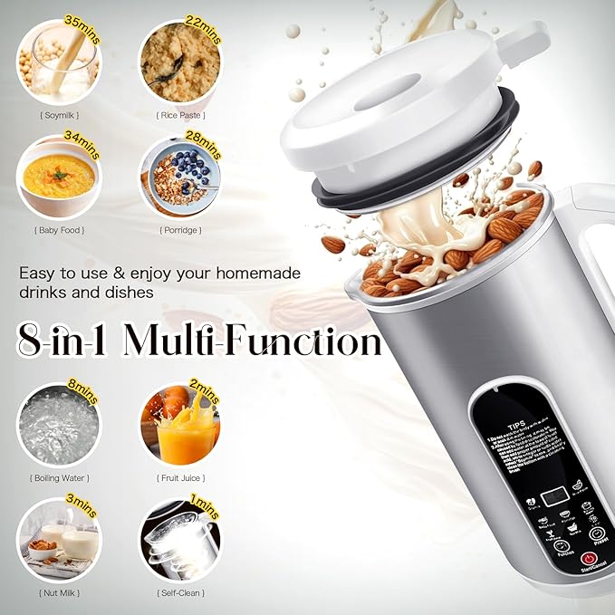 8-in-1 Nut Milk Maker Machine | 40oz Automatic Stainless Steel Milk Maker for Homemade Soy, Almond, Oat Milk, Juice, Baby Food & Non Dairy Beverages | with Delay Start/Keep Warm/Boil Water/Self-Clean