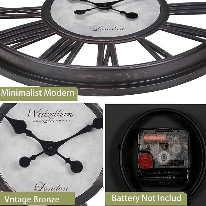 18 Inch Retro Black Wall Clock, Silent Non-Ticking Battery Operated Round Vintage Clock with Roman Numerals,Decorative Living Room, Kitchen, Bedroom Decor