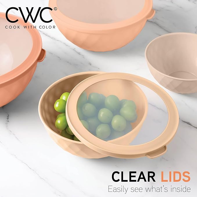 COOK WITH COLOR Mixing Bowls with Lids - 12 Piece Plastic Nesting Bowls Set includes 6 Prep Bowls and 6 Lids, Diamond Design - Microwave Safe (Mint)