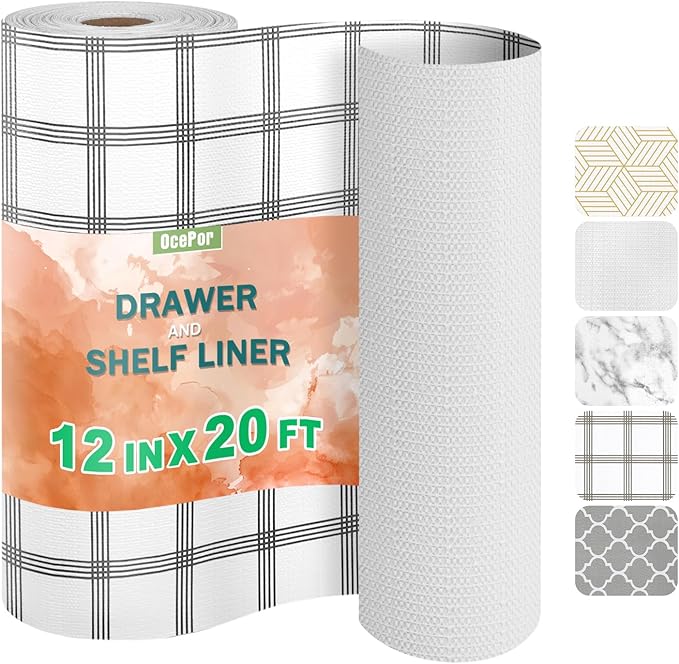 OcePor Non-Adhesive Drawer and Shelf Liner 12IN x 20FT，Non Slip Cabinet and Cupboard Liner, Kitchen Cabinet Liners for Shelves, Waterproof Drawer Shelf Liners for Cabinets/Bathroom Cupboard, Stripe