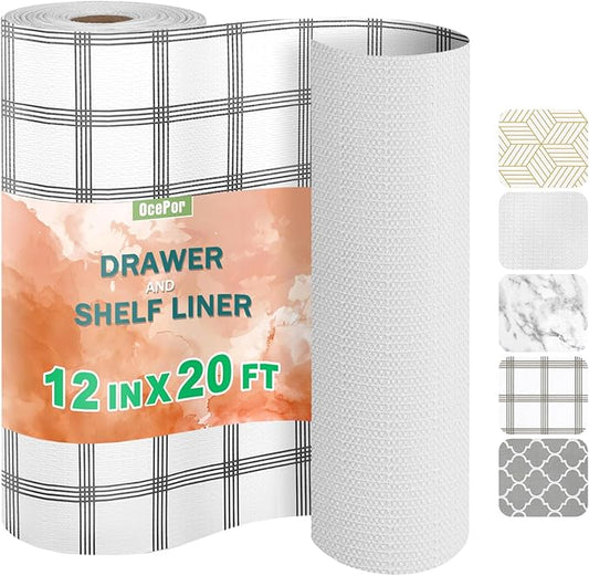 OcePor Non-Adhesive Drawer and Shelf Liner 12IN x 20FT，Non Slip Cabinet and Cupboard Liner, Kitchen Cabinet Liners for Shelves, Waterproof Drawer Shelf Liners for Cabinets/Bathroom Cupboard, Stripe