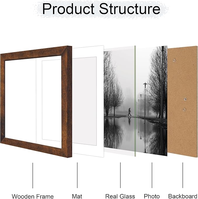 12x12 Picture Frame Set of 4 with Tempered Glass, Rustic Frame Display 10x10 Pictures with Mat or 12 x 12 Without Mat, Wood Square Photo Frames for Desktop Display and Wall Mounting
