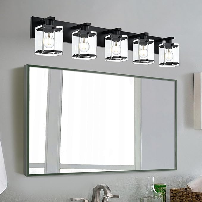 5-Light Modern Vanity Lighting, Black Bathroom Light Fixture Over Mirror with Rectangular Clear Glass,E26 Bulb Base