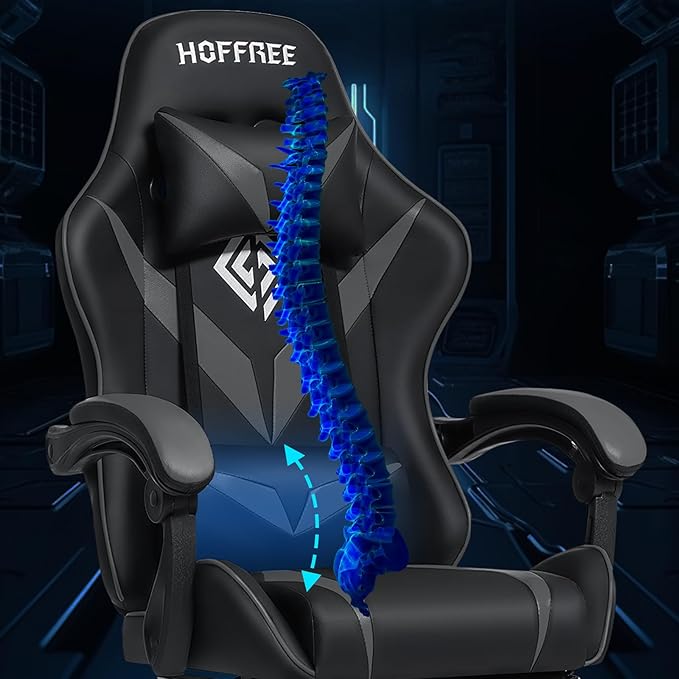 HOFFREE Massage Gaming Chair for Kids Computer Gamer Chair with Footrest and Lumbar Support Reclining PC Game Chair with Headrest for Gaming Room Gray and Black