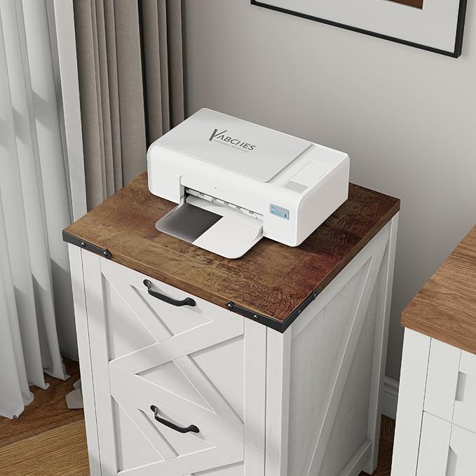 Vertical File Cabinet with 2 Drawers, Wooden Farmhouse Filing Cabinet for Letter/A4 Size Hanging Files, Under Desk Printer Stand with Storage for Home Office, Rustic White