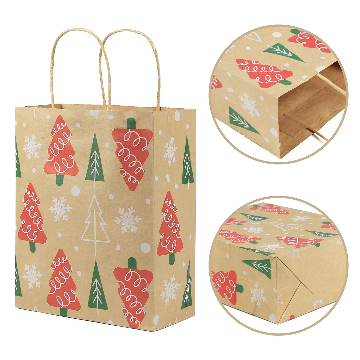 Ogrmar 24 PCS Christmas Gift Bags Kraft Holiday Wrapping Paper Bags with Christmas Prints for Holiday Party Favors Xmas Gift Box Packaging
