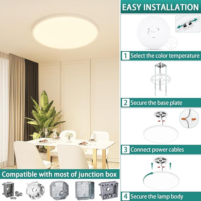 12Inch LED Ceiling Lights Flush Mount, Dimmable 3000K 4500K 6000K CCT, Low Profile Surface Mount Light Fixtures, 24W Thin Flat LED Panel Lights for Bedroom Bathroom Kitchen