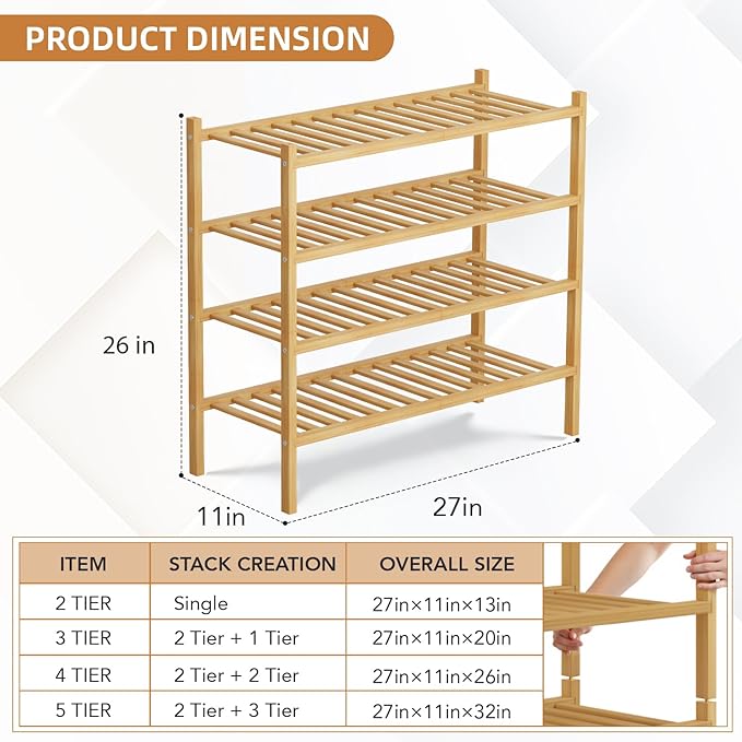 4 Tier Bamboo Shoe Rack Storage Organizer for Closet, Multifunctional Stackable Free Standing Shoe Shelf Organizer for Small Space,Entryway,Hallway,Bathroom 27"x11"x26"(Natural, 4 Tier)