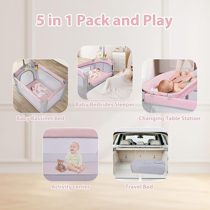 SIMPLGIRL 5-in-1 Baby Bassinet Bedside Crib, Pack and Play Long Next to Bed Crib with Toys & Music Box, Mattress, Foldable Playard, Playpen Travel Bed Nursery Center for Infant Newborn