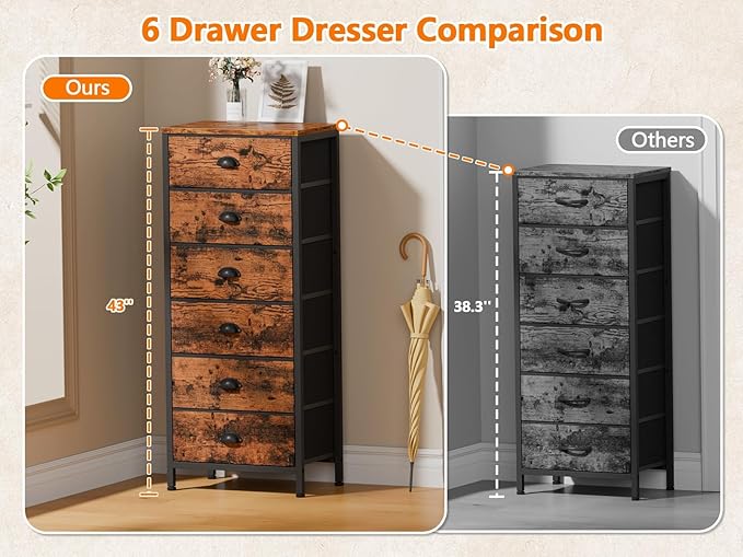 Furnulem Tall Dresser with 6 Drawers,Vertical End Table and Nightstand for Bedroom,Industrial Dorm Bedside Furniture with Fabric Storage Drawer Organizer in Living Room,Closet,Entryway(Rustic Brown)