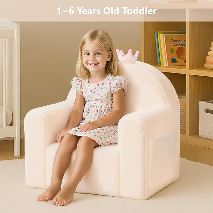 MONKISS Princess Toddler Chair, Cute Toddler Foam Couch, High Back Kids Reading Armchairs, Birthday Gifts for Boys and Girls, 1-6 Years Old, SF07, Beige Crown