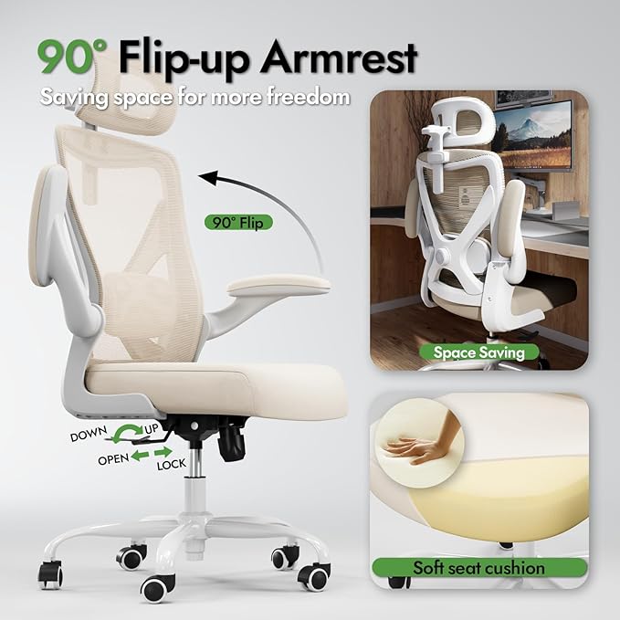 Ergonomic Office Chair - X-Shaped Computer Desk Chair Comfy, Gaming Chair, Office Chair with Lumbar Support, Mesh Office Chairs with Headrests, Desk Chair for Long Hours (White Beige)
