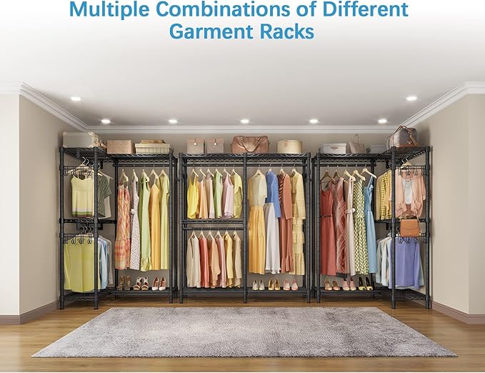 VIPEK V4 Heavy Duty Clothing Rack for Hanging Clothes 810lbs Load Capacity, Double Rod Garment Rack with Adjustable Shelves & Side Hooks, Metal Wardrobe Closet System Easy to Assemble, (Black)