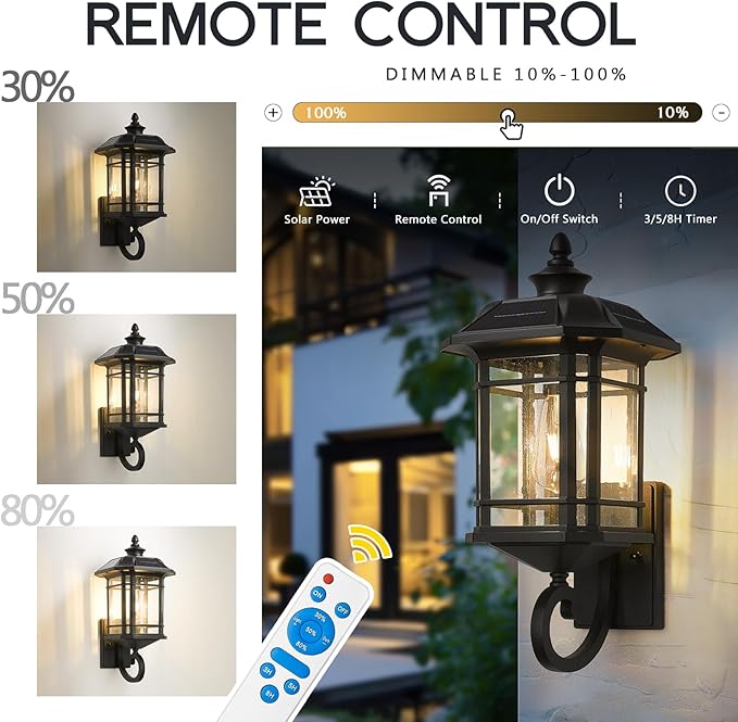 Emliviar Solar LED Wall Light Outdoor,Dusk to Dawn Solar Porch Light with Remote Control, Black Finish with Seeded Glass, Bulb Included, 22021M-SL BK