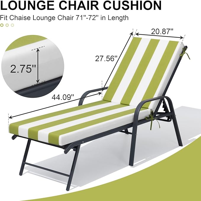 Crestlive Products Chaise Lounge Cushions Set of 2, Outdoor Cushions for Patio Furniture, Water Resistant Lounge Chair Cushion for Pool, Deck, Lawn, 72''L x 21''W, Green White Stripe