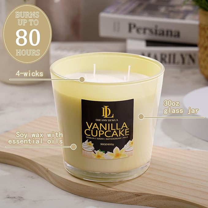 Vanilla Cupcake Scented Candle, Large 30oz Natural Soy Candles, 4-Wick 80 Hour Burn Time, Home Fragrance Candles Housewarming Gift for Women Men