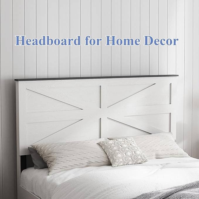 Wooden Bed Frame Queen Size with Headboard, Farmhouse Platform Bedframe with Wood Slat Support, Sturdy Framework Bed Frame, Easy Assembly (Rustic White)