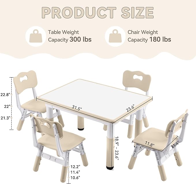 Kids Study Table and Chairs Set, Height Adjustable Toddler Table and Chair Set for Kids Ages 3-8, 31.5" L x 23.6" W Graffiti Desktop Plastic Children Art Table with 4 Seats