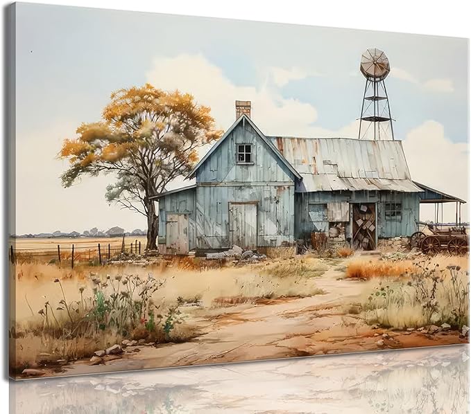 CYULWNNO Farmhouse Canvas Wall Art Old Barn Prints Posters Country Landscape Painting Pictures Country Road Wall Decor Framed for Dining Room Bathroom Living Room Bedroom