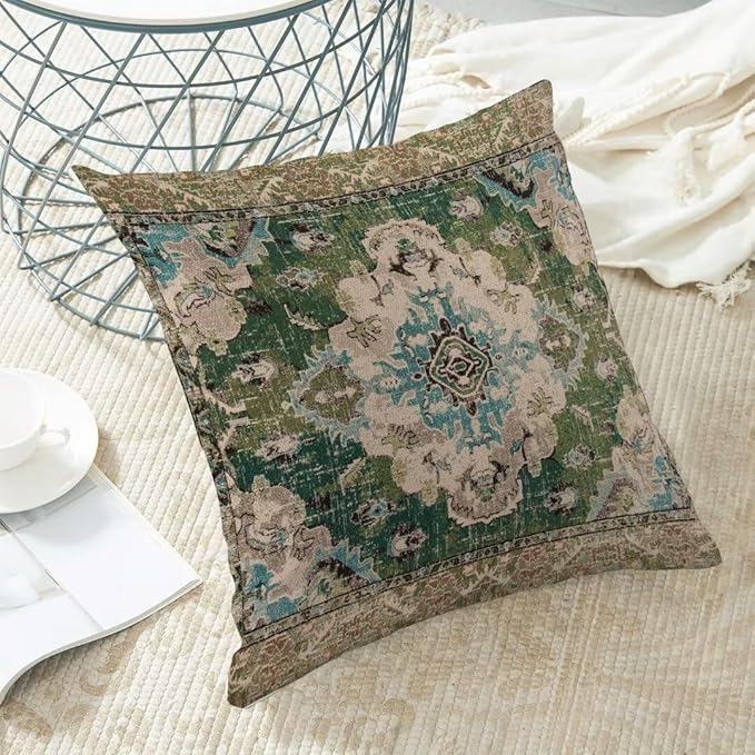 BETGINY Sage Green Boho Pillow Covers 18 x 18 Inch Pack of 2, Bohemian Carpet Pattern Decorative Throw Pillow Covers Outdoor Linen Farmhouse Pillowcase for Bedroom Home Sofa Decor