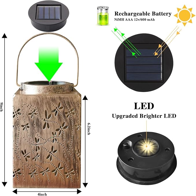 2 Pack Solar Lanterns - Waterproof Metal Hanging Solar Lights Outdoor Decorative, Solar Powered LED Lamp for Patio Tabletop Porch Deck Yard Garden Decor for Outside (Dragonfly)