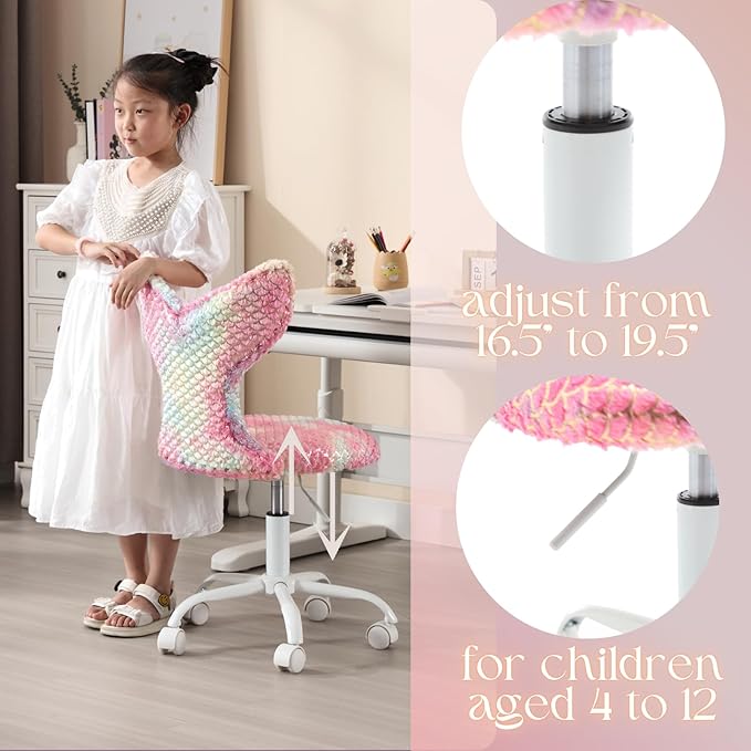 Fuzzy Desk Chair, Cute Swivel Children Desk Chair with Wheels for Kids Bedroom Upholstered Rolling Study Chair Adjustable Computer Chair Mermaid Back Vanity Chair for Teen Girls Boys, Red Colorful