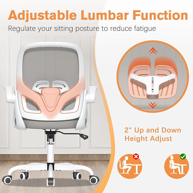 Home Office Desk Chair with Supportive Lumbar Support and Flip up Arms, Breathable Double Mesh Ergonomic Home Desk Chair for Home or Work with Extended Height(Gray)