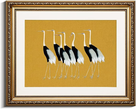 VIYYIEA Gold Framed Wall Art Canvas Print Home Decor, Vintage Cranes Wall Art for Living Room, Vintage Animal Oil Painting Picture, Print Framed Home Decor, Bathroom Wall Decor Seven Cranes 13x16in