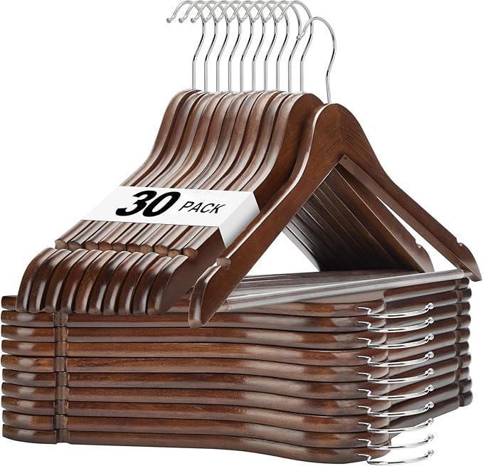 HOUSE DAY Walnut Wooden Hangers 30 Pack, Heavy Duty Wooden Coat Hanger for Closet, Solid Wood Hanger with Non Slip Pant Bar, Smooth Finish Wood Clothes Hangers for Shirts, Suits Jackets, Dress