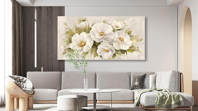 yearainn Abstract Flowers Canvas Wall Art - Beige Flower Pictures Blooming Floral Painting Wall Decor Minimalist Peony Printing Artwork for Living Room Bedroom Home Office Decorations 29" x 58"