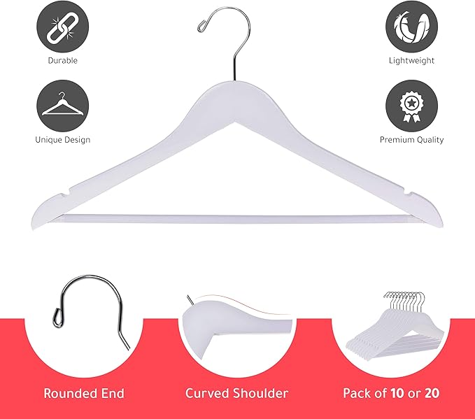 Quality Wooden Suit Hangers with Non Slip Pants Bar, 20 Pack, Smooth Finish Solid Wood Coat Hanger with Swivel Hook, Jacket, Pant, Dress Clothes Hangers (White, 20)