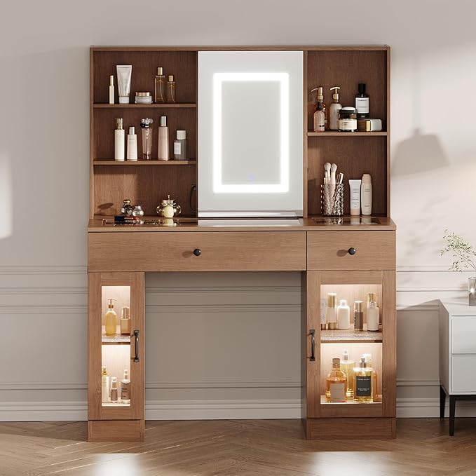 Vanity Desk with Mirror and Lights, Glass Top Vanity Desk with Sliding LED Mirror & 3-Color Lights, Makeup Dressing Table with Storage Drawers, Rainbow Glass Cabinets, USB/AC Outlets, MDF Beauty Hub