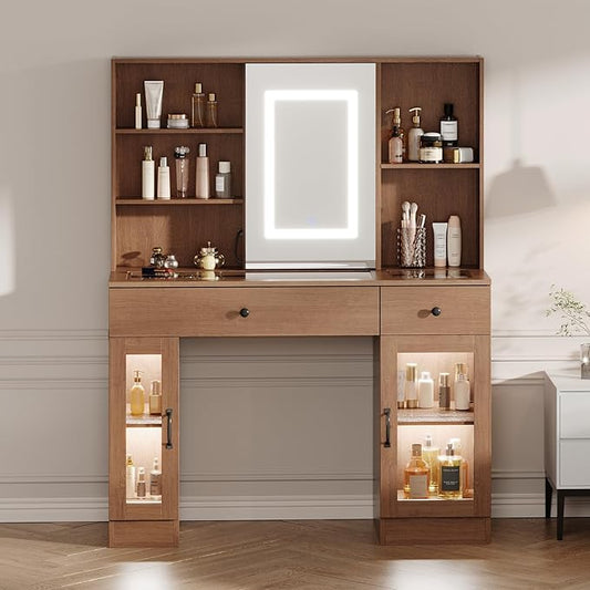 Vanity Desk with Mirror and Lights, Glass Top Vanity Desk with Sliding LED Mirror & 3-Color Lights, Makeup Dressing Table with Storage Drawers, Rainbow Glass Cabinets, USB/AC Outlets, MDF Beauty Hub
