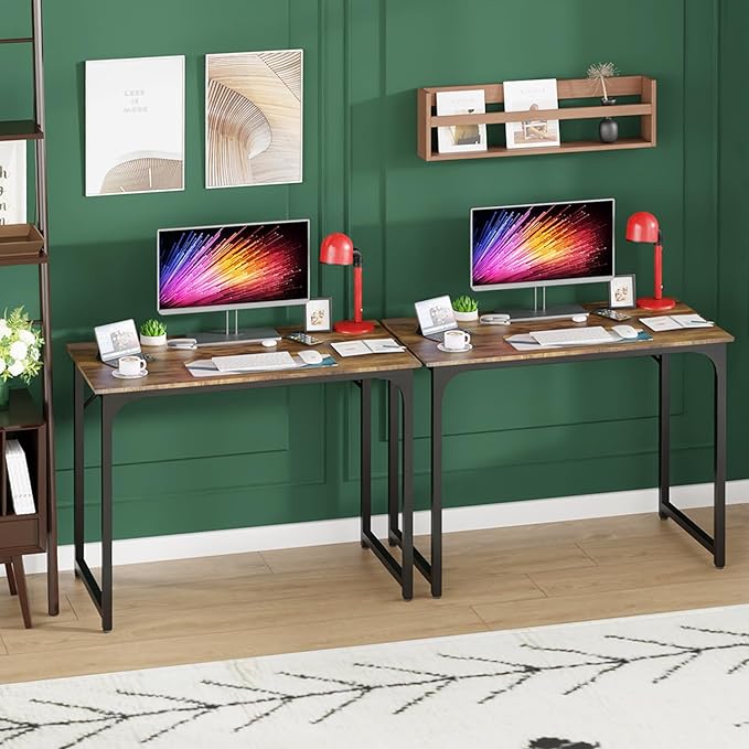 PayLessHere | 39 Inch Computer Desk | Brown | Office Desk with Metal Frame, Adjustable Feet | Water-Resistant, Scratchproof Surface | Sturdy Writing Table for Home Office or Study | Pack of 2