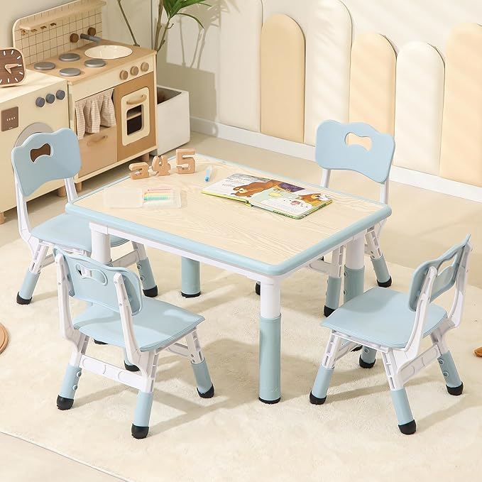 Toddler Table and Chairs, Kids Table and 4 Chairs Set with Graffiti Desktop, Height-Adjustable Kids Study Table for Boys and Girls Aged 3-8, Max 300lbs
