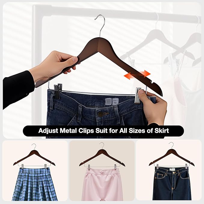 Wooden Hangers with Clips 12 PCS Pant Hangers with Clips,Smooth Solid Wooden Pants Hangers,360 Swivel Hooks & Adjustable Clips,for Jeans,Skirt,Suit,Shorts,Scarf.（Walnut）