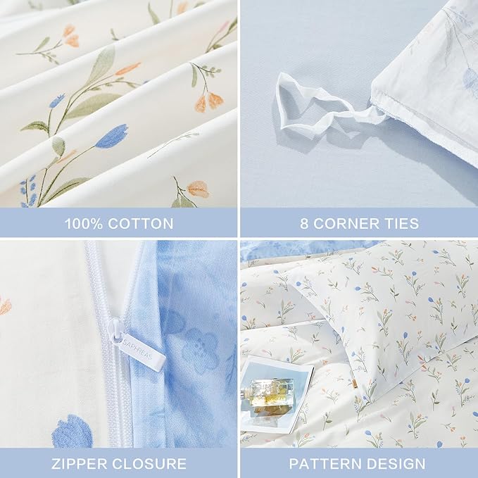 SAPHREAS Blue Floral Full Size Duvet Cover Set 3pcs Botanical Flower White Bedding Comforter Cover Set 100% Cotton 1 Duvet Cover 90"x80" 2 Pillow Shams, Comforter Not Included