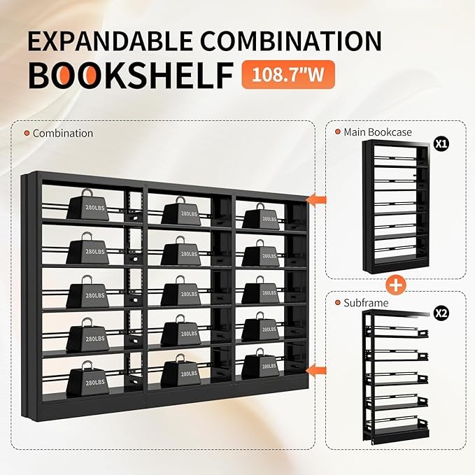 71" Metal Book Shelf, 5 Tier Bookshelf with Adjustable Shelves, Bookshleves and Bookcases, Heavy Duty Library Book Case, Expandable Combination Bookshelf (Black, 108.3" W)