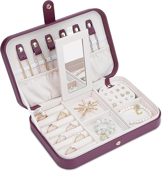 Jewelry Travel Organizer, Travel Jewelry Box Portable, Small Travel Jewelry Case with Mirror, PU Leather Small Jewelry Box for Women, Burgundy Red B