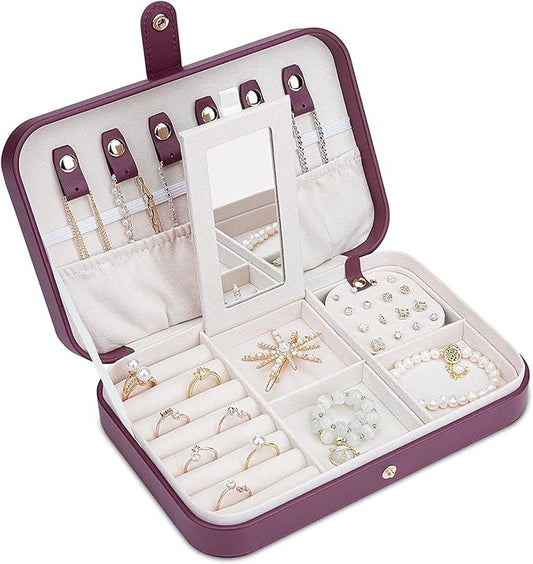 Jewelry Travel Organizer, Travel Jewelry Box Portable, Small Travel Jewelry Case with Mirror, PU Leather Small Jewelry Box for Women, Burgundy Red B