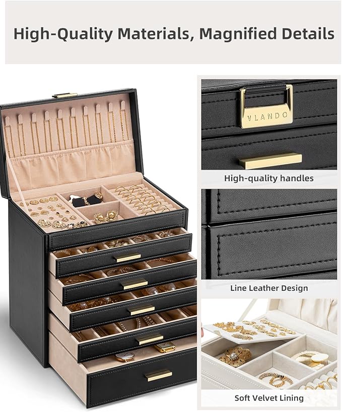 Vlando 6 Layer Large Jewelry Box - Jewelry Holder Organizer, Jewelry Box Organizer for Drawer Necklace Ring Bracelet and Watch, Birthday Gift for Loved Ones - Black